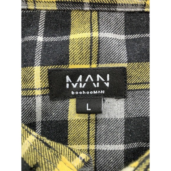 Boohoo Man Shirt Large Yellow Black Plaid Long Sleeve Button Up Smile Emoji - Picture 3 of 16